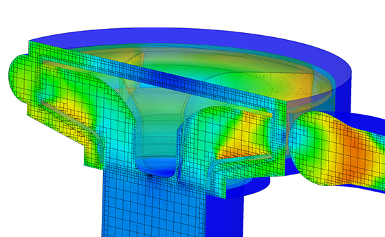 Sectional view of refined mesh around the impeller and inlet of a centrifugal pump